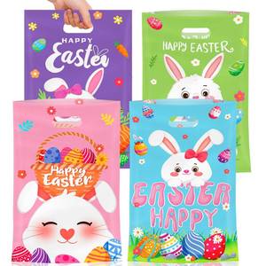 lot 12300 image: Litmitfu 50 Pcs Easter Gift Bags with Handles, Plastic Happy Bunny Goodie Bags Bulk, Cute Spring Treat Tote Goody Cookie Party Favor Bag for Easter Activity Party Favors Supplies Gifts, 4 Styles