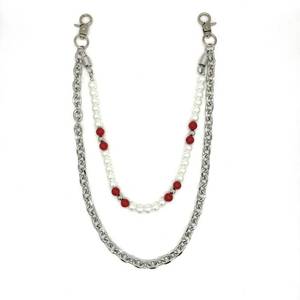 lot 12311 image: Pants Chain Bead Pearl Keychain Double Layer Metal Chains Durable Punk Style Hip Hop Waist Chain Accessory for Daily WearParties, Fashionable & Easy-to-Use Decoration for Men Women Red