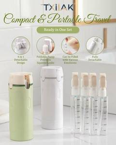 lot 12319 image: 4 in 1 Travel Dispenser Bottle Refillable Cosmetic Liquid Containers, Squeeze Pump Shampoo Conditioner Bottles Essentials Toiletries Leakproof, Air Traveling Portable Set Vacation Essentials(White)