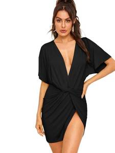 lot 12349 image: Floerns Womens Deep V Neck Twisted Plunging High Slit Mini Party Dress A Black Pure M
