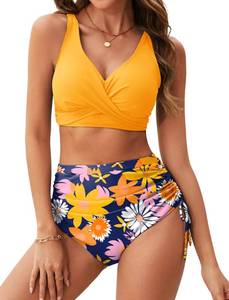 lot 12358 image: Arolina Womens Bikini Swimsuit V Neck Two Piece Swimsuits Tummy Control Full Coverage Bathing Suit Yellow Flowers Medium
