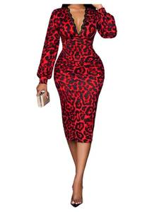 lot 12362 image: SweatyRocks Womens Long Sleeve Lace Deep V Neck Ruched Cheetah Print Bodycon Midi Dress Multicolor B Medium