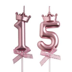 lot 12366 image: AOOLADA 15th Birthday Candles, Rose Gold 3D Number 15 Happy Birthday Candle with Crown, Cake Topper Decorations (1 Is Damaged)