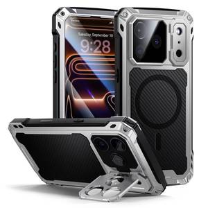 lot 12379 image: Lanhiem for iPhone 17 Pro Max Metal Case with Kickstand, Compatible with MagSafe, Built in Tempered Glass Screen Protector, Heavy Duty Shockproof Rugged Full Body Tough Phone Cover 6.9 (Silver)
