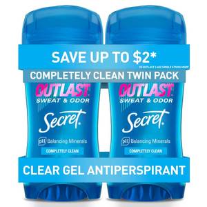 lot 12385 image: Secret Outlast Antiperspirant Deodorant for Women, 72hr Sweat & Odor Protection, PH Balancing Minerals, Pro-Hyaluronic Acid, Clear Gel, Completely Clean Scent, 2.6 oz (Pack of 2)