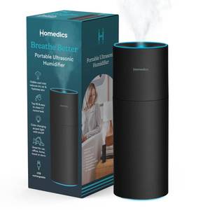 lot 12391 image: Homedics Portable Humidifier - Small Air Humidifiers for Bedroom, Plants, Office, Travel - Cool Mist Humidifiers, Color-Changing Accent Light, 2 Mist Settings, Black (Turns On) (Used)