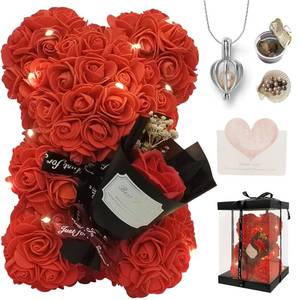 lot 15112 image: MS.ROXYQUE Romantic Valentines Day Gift for Her, Artificial Flowers Bouquet Necklace Rose Teddy Bear with Real Pearl Blind Box Birthday Gift, Valentiness Day Gift for Monther Wife Girl (Red)