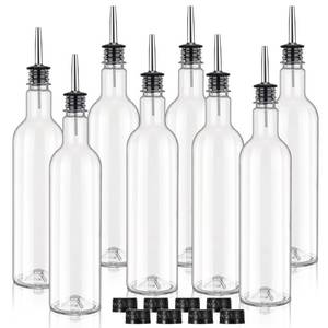 lot 15118 image: RimCereal 8 Pack 25 oz Syrup Bottle Plastic Long Neck Bottle with Stainless Steel Leakproof Tapered Spout Pourer and Cap Alcohol Juice Coffee Container for Home Bar Service Bartending Supplies