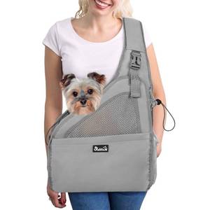 lot 15134 image: SlowTon Pet Dog Sling Carrier, Hands Free Hard Bottom Papoose Small Animal Puppy Up to 11 lbs Travel Bag Tote Breathable Mesh Support Adjustable Padded Strap Pocket Safety Belt Machine Washable