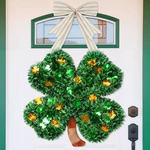 lot 15136 image: RattanView St. Patricks Day Decorations St. Patricks Day Shamrock Wreaths for Front Door Lucky Green Clover Irish Tinsel Wreath Swag Fireplace Mantel Walls Irish Hanging Sign Indoor Outdoor Decor