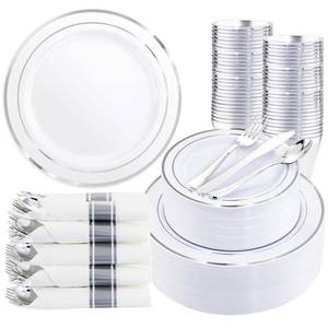 lot 15144 image: WDF Partyware 350Piece Silver Plastic Dinnerware Set for 50 Guests - Silver Plastic Plates with Cutlery Include50Dinner Plates-50Dessert Plates-50Pre Rolled Napkins with Silverware Party Wedding