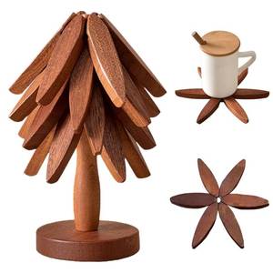 lot 16009 image: Natural Foldable Black Walnut Wooden Trivet Set - 4 Trivets  1 Stand for Hot Dishes, Pot, Bowl, Teapot, Hot Pot Holders(Black Walnut)