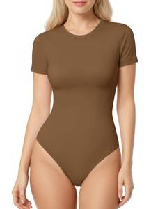 lot 16017 image: TRENLIVER Womens Short Sleeve Thong Bodysuits Crew Neck Stretchy Body Suits Basic Outfit T Shirts Summer Tops 2026 Light Coffee M