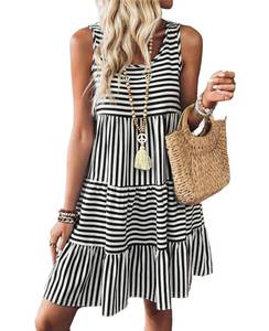 lot 16024 image: SELINK Womens Summer Dresses Striped Sleeveless Sundresses Flowy Boho Scoop Neck Mini Beach Dress Black-M