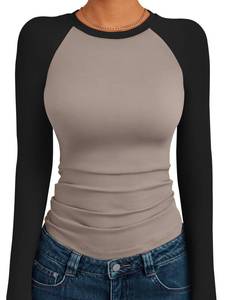 lot 16028 image: Trendy Queen Womens Long Sleeve Shirts 2025 Fall Fashion Outfits Clothes Slim Fitted Basic Tee Going Out Crop Tops Cute Y2k Teen Girl Color Block T Tshirts Clothing M