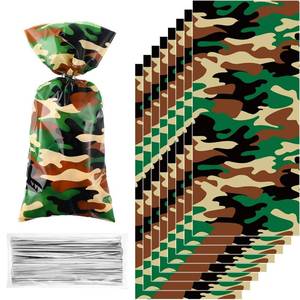 lot 16030 image: Sumind 100 Pieces Camo Cellophane Treat Bags, Khaki Camouflage Party Plastic Candy Bag Goodie Present Favor Bag with 100 Silver Twist Ties for Camping Veteran Party Army Theme Birthday Supplies