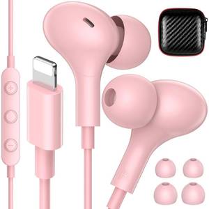 lot 16047 image: iMangoo for Apple MFi-Certified Headphones for Lightning Wired Earbuds Magnetic Ear Buds with HiFi Bass,3 Ear Tips Mic Corded Earphones for Gym, Commuting for iPhone 14 Plus 13 12 11 Pro Max Pink