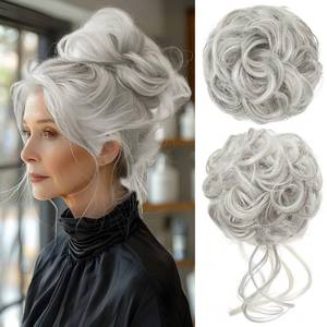 lot 16081 image: CJL HAIR 2PCS Messy Bun Hair Pieces Wavy Curly Synthetic Updo Chignon Fake Scrunchies Ponytail Extension for Women Grey Multi