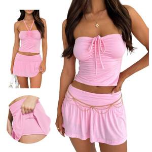 lot 16085 image: Hafailia Two Piece Sets for Women Going Out Summer Y2K Tie Ruched Tube Crop Tops Low Rise Pleated Mini Skort 2 PC Skirts Outfits Pink S