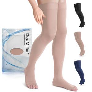 lot 16099 image: Doc Miller Thigh High Open Toe Compression Stockings 15-20mmHg for Varicose Veins, Pregnancy Support Open Toe Thigh High Compression Socks for Women and Men (Beige, XX-Large)