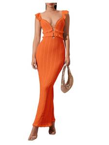 lot 16118 image: SOLY HUX Womens Maxi Dress Crochet Ruffle Sleeveless Backless Bodycon Long Dresses Solid Orange Small