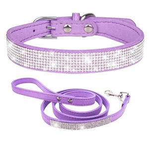 lot 16129 image: Purple Rhinestone XS Dog Collar with Leash, Pretty Bling Puppy Collar Diamond Crystal Glitter Jewel Girl Cat Collars for XXS XS Small Medium Pet Dogs Kitten, XSmall