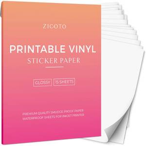 lot 16134 image: ZICOTO Premium Printable Vinyl Sticker Paper - Glossy White 8.5 x 11 inch Sheets for Your Inkjet Or Laser Printer - 15 Waterproof Decal Paper Sheets Dry Quickly and Hold Ink Beautifully