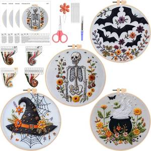lot 16462 image: ��Beginner Friendly Embroidery�� 4 Set Halloween Embroidery Kit, Gothic Embroidery Starter Kit, DIY Stamped Cross Stitch Kits for Adults with Needles and Thread Included