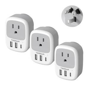 lot 16480 image: Australia New Zealand Power Adapter 3 Pack, TESSAN Type I Travel Adaptor with 3 USB Charger (1 USB C Port) for US to Australian Argentina China Fiji Cook Islands
