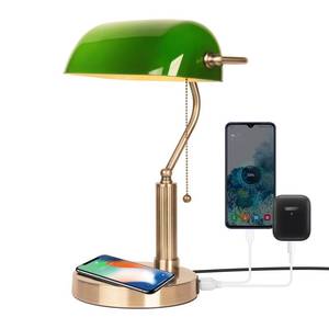 lot 17227 image: FIRVRE Green Glass Bankers Desk Lamp USB Wireless Charging Port LED Table Lamp Classic Retro Pull Chain Switch Reading Lamp for Home Office Workplace Library Piano