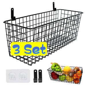 lot 17228 image: Joben Oligey 3 Set Extra Large Hanging Wall Baskets ,Wire Basket For Storage Pantry, Farmhouse Food Storage Kitchen Pantry Laundry Closet Garage RV ,Black