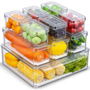 lot 17236 image: KUMD 10-Pack Clear Fridge Organizer Bins with Lids, Stackable Refrigerator Storage Containers, BPA-Free with Drain Tray & Anti-Slip Base for Fruits, Veggies, Drinks