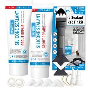 lot 18409 image: 8Oz Black Waterproof Caulk & Seal Silicone Sealant, Wadities Tile Grout Repair Kit with Grout Remove Scraper, Shrink & Crack Proof for Bathroom, Shower, Kitchen, Floor (4Oz, Pack of 2)