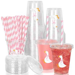 lot 19874 image: Whaline 50Pcs One Silly Goose Disposable Plastic Cups with Lids and Straws 12Oz Cute Pink Bow Goose Cold Beverage Drinking Cups for First Birthday Baby Shower Party Supplies