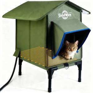 lot 19876 image: Heated Cat House for Outside Outdoor Cat House with Elevated Base Cat-Attracting Eave Design Feral Stray Shelter Weatherproof in Winter Garage Yard Porch Size S