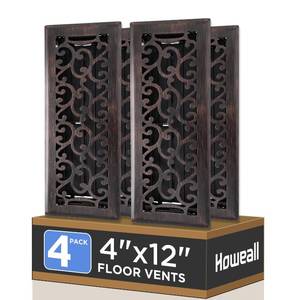 lot 19918 image: Howeall 4x12 Inches 4 Pack Heavy Duty Walkable Floor Register - Easy Adjust Air Supply Lever Decorative Floor Vent Covers, Savannah Design Vent Covers for Home - Oil Rubbed Bronze