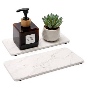 lot 19919 image: 2 Pcs Water Absorbing Stone Drying Trays for Bathroom Sink Kitchen Counter Soap Dish Dispenser Sponge Holder White Ceramic Bathroom Vanity Quick Dry Stone Mat for Kitchen Sink Marble Diatomite Tray