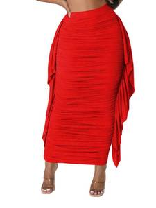 lot 20467 image: Lrady Women High Waist Ruched Bodycon Side Ruffle Tassles Fringe Pencil Casual Party Maxi Long Skirt, Red, XX-Large