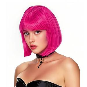 lot 20475 image: Rose bud Hot Pink Bob Wig with Fringe 12 Inch Short Straight Costume Wigs for Women Cosplay Party Halloween