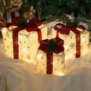 lot 3613 image: Set of 3 Christmas Lighted Gift Boxes, Battery Operated Xmas Present Boxes, Warm White LED with Bows for Indoor Christmas Tree, Yard, Home Decor(Plush)