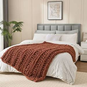 lot 3628 image: Esterra Chunky Knit Blanket Throw, 100% Handmade Chenille Throw Blanket 50x60, Soft Thick Yarn Cable Knit Crochet Throw Blanket Rope Knot Throw for Couch Bed Sofa, Copper Brown
