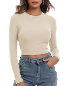 lot 4085 image: Artfish Womens Round Neck Long Sleeve Knit Ribbed Fitted Crop Top Casual Basic Shirts Beige Apricot, L
