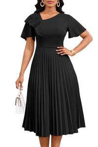 lot 4099 image: Nmoder Pleated Dress for WomenShort Sleeve Asymmetrical Ruffles Summer A Line Midi Dresses for Church Funeral Black XL