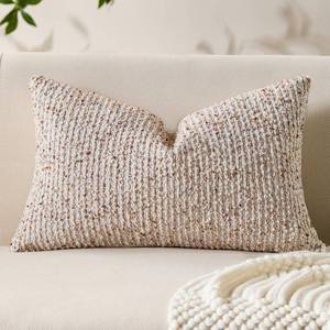 lot 4234 image: Allorry Decorative Lumbar Pillow Cover 12x20 Beige Striped Soft Wool Lumbar Throw Pillow Neutral Textured Boho Cushion Covers for Modern Farmhouse Sofa Bedroom Living Room Decor SY011-A12