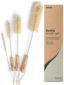 lot 4293 image: Vove Bottle Brush Set, 4 Natural Sisal Bottle Brushes with Long Bamboo Handles, Plastic-Free Bottle & Straw Cleaner Set, Zero Waste, Stainless Steel Wire, FSC Certified Bamboo, Kraft Packaging