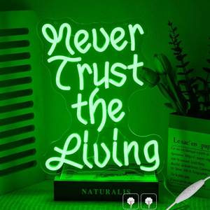 lot 5712 image: Never Trust The Living Neon Sign for Wall Decor, Green Letter Neon Light, USB Powered Led light up Halloween Sign for Man Cave,Terror House, Halloween Window Lights Party Decor,