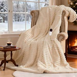 lot 5720 image: AEPINBH Heated Electric Blanket Throw 6-Level Fast Heating, 4-Hour Auto-Off, Soft&Warm Stripe Faux Rabbit Fur, for Couch Home Office, with Overheating Protection & ETL Certified(50 x 60,Milky White)