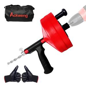 lot 5723 image: Drain Snake 50 Ft, Plumbing Snake for Sink with Drill Attachment, Snake Drain Clog Remover for Shower Drain, Kitchen, and Sink, Manual or Powered Use, Comes with Gloves and Storage Bag, 14 Inch, Red
