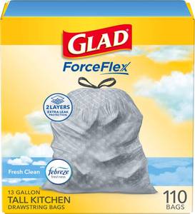 lot 5731 image: Glad Tall Kitchen Drawstring Trash Bags - Odorshield 13 Gallon White Trash Bag, Febreze Fresh Clean, 110 Count