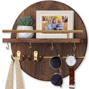 lot 5732 image: Nekon Key Holder Wall Mount, 11.8 Inch Rack With Shelf and 6 Hooks, Rustic Mail Organizer, Circular Wooden Hanger for Entryway Hallway Kitchen (Brown&Gold)